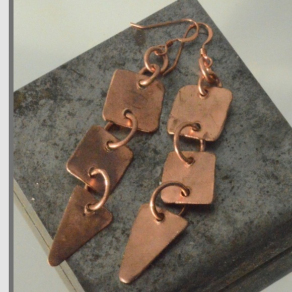 Tribal Solid Copper Rustic Drop Earrings Primitive - Picture 5 of 7